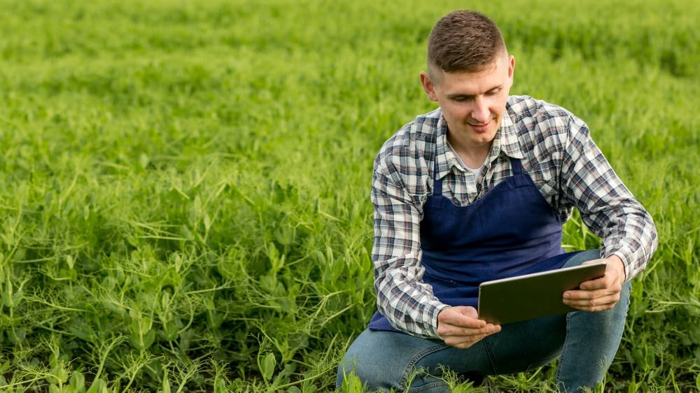 Profissional do agro estudando com tablet no campo